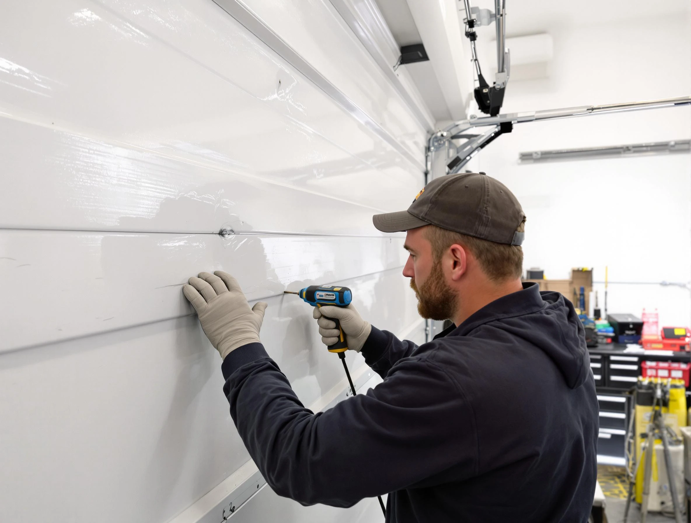 Eagle Mountain Garage Door Repair technician demonstrating precision dent removal techniques on a Eagle Mountain garage door